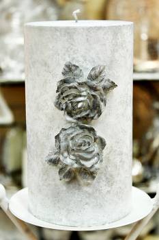 Χειροποίητο κερί γάμου για κηροστάτη με 2 κέρινα λουλούδια vintage 12x20cm