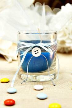Μπομπονιέρα βάπτισης αρωματικό , μπλε κερί σε ποτήρι
